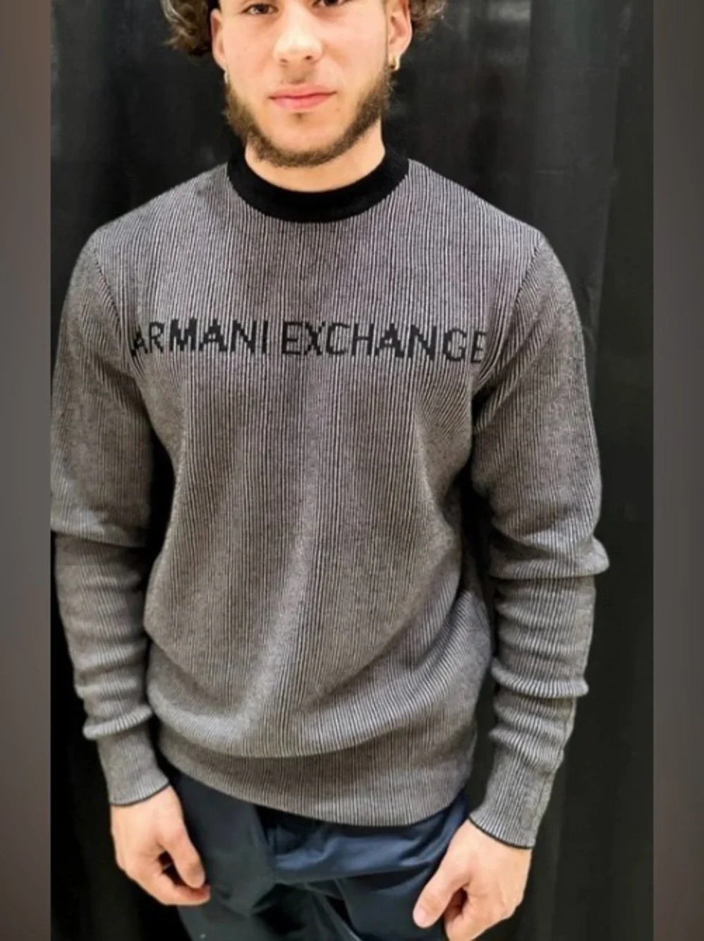 Armani Exchange Men’s XL Lines Logo Knit Sweater Black Pewter Gray